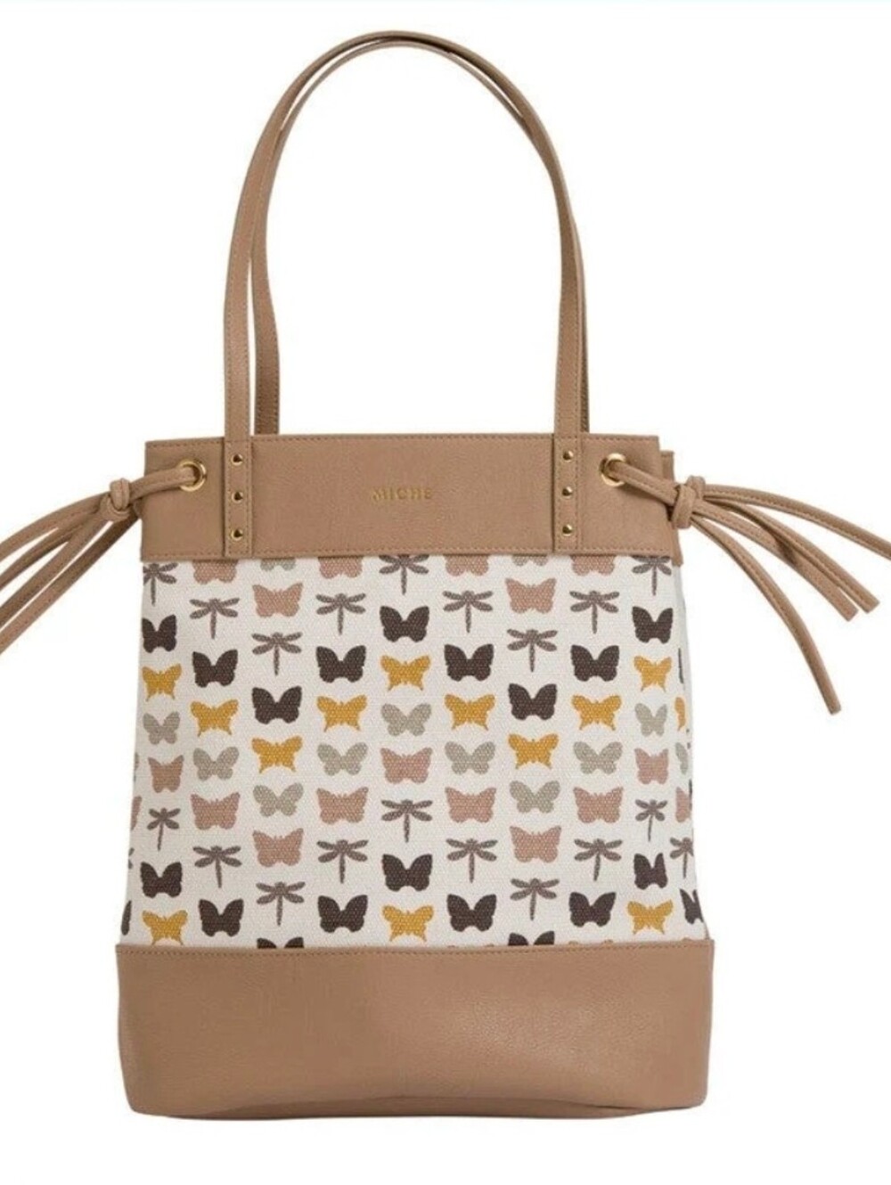 Michele Beige Tote with Butterfly & Dragonfly Motif